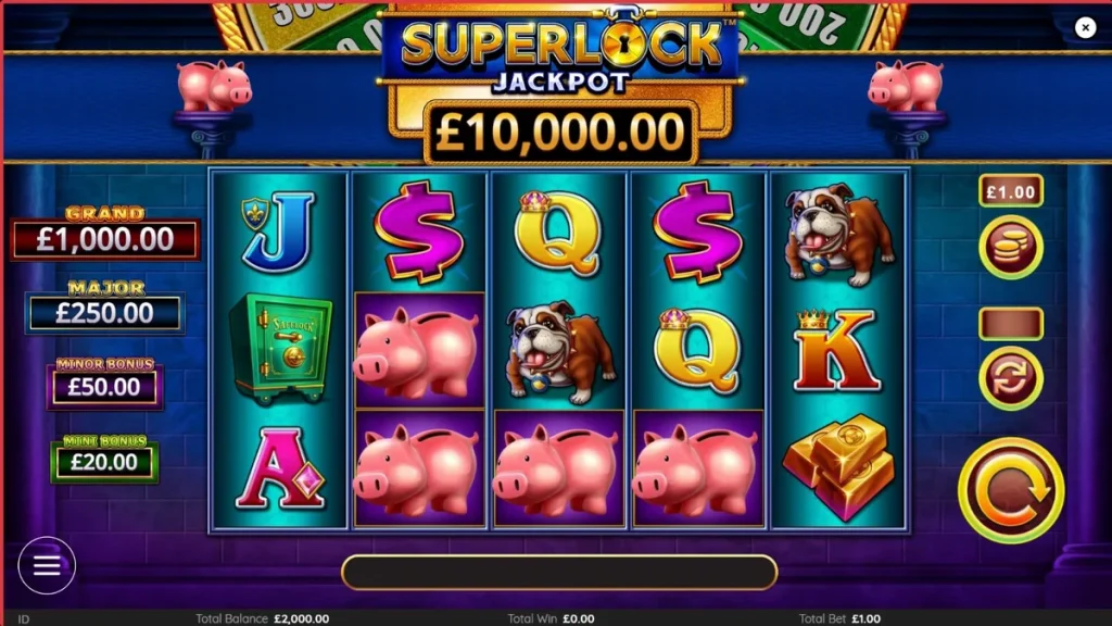 Tampilan visual mewah slot Piggy Bankin’ Super Lock dengan tema emas dan brankas.