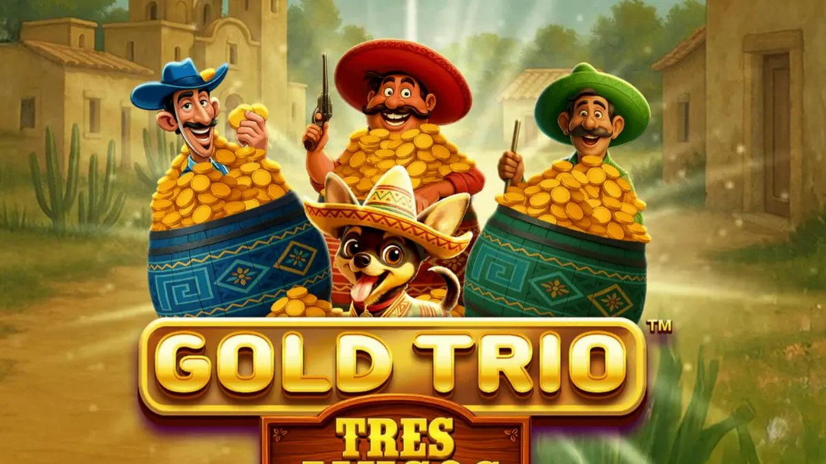 Tampilan visual slot Gold Trio: Tres Amigos dengan tema fiesta Meksiko