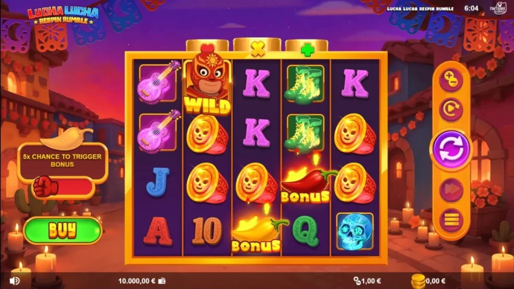 Tampilan visual slot Lucha Lucha Respin Rumble dengan tema gulat Meksiko yang meriah.