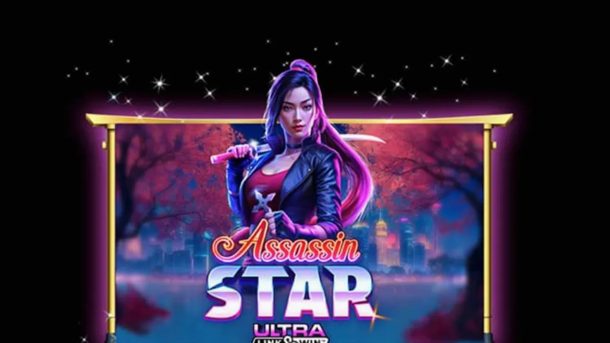 Tampilan layar permainan slot Assassin Star dengan latar belakang kota neon Jepang